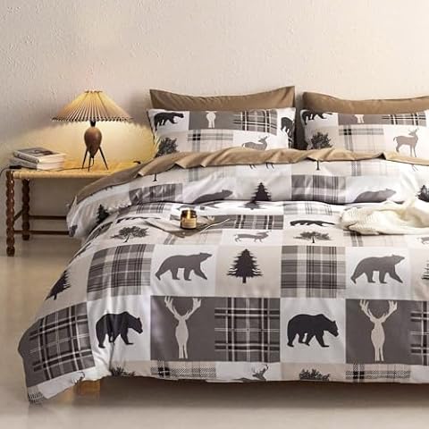 Wake In Cloud - Rustic Comforter Set, Cabin Christmas Lodge Western Country Bear Deer Moose Woodland RV Outdoor Theme, Soft Lightweight Bedding, 3 Pieces, Taupe, Queen Size Cover
