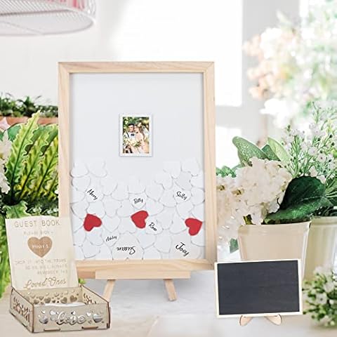Wedding Guest Book MONCAP Wooden Wedding Drop Top Frame Alternative Guest Book with 106pcs Hearts & Wooden Box & Mini Message Blackboard for Wedding Reception Anniversary Baby Shower Birthday Cover