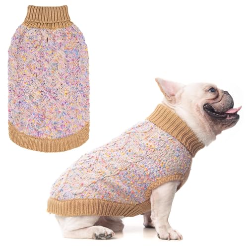 Image of BEAUTYZOO Dog Sweaters for X-Small Dogs, Knit Clothes with Harness Hole | Turtleneck Pullover Fall Winter Knitwear, Fuzzy Fleece Cold Weather Coat for Girl Boy Puppy, Warm Pet Sweatshirt, Beige XS