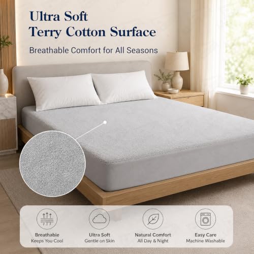 Image of Lukzer Waterproof Mattress Protector Grey King Size 72 x 72 Inches (6 x 6 ft) Ultra Soft Terry Cotton Feel Fabric with Elastic Skirting Hypoallergenic and Breathable Mattress Cover