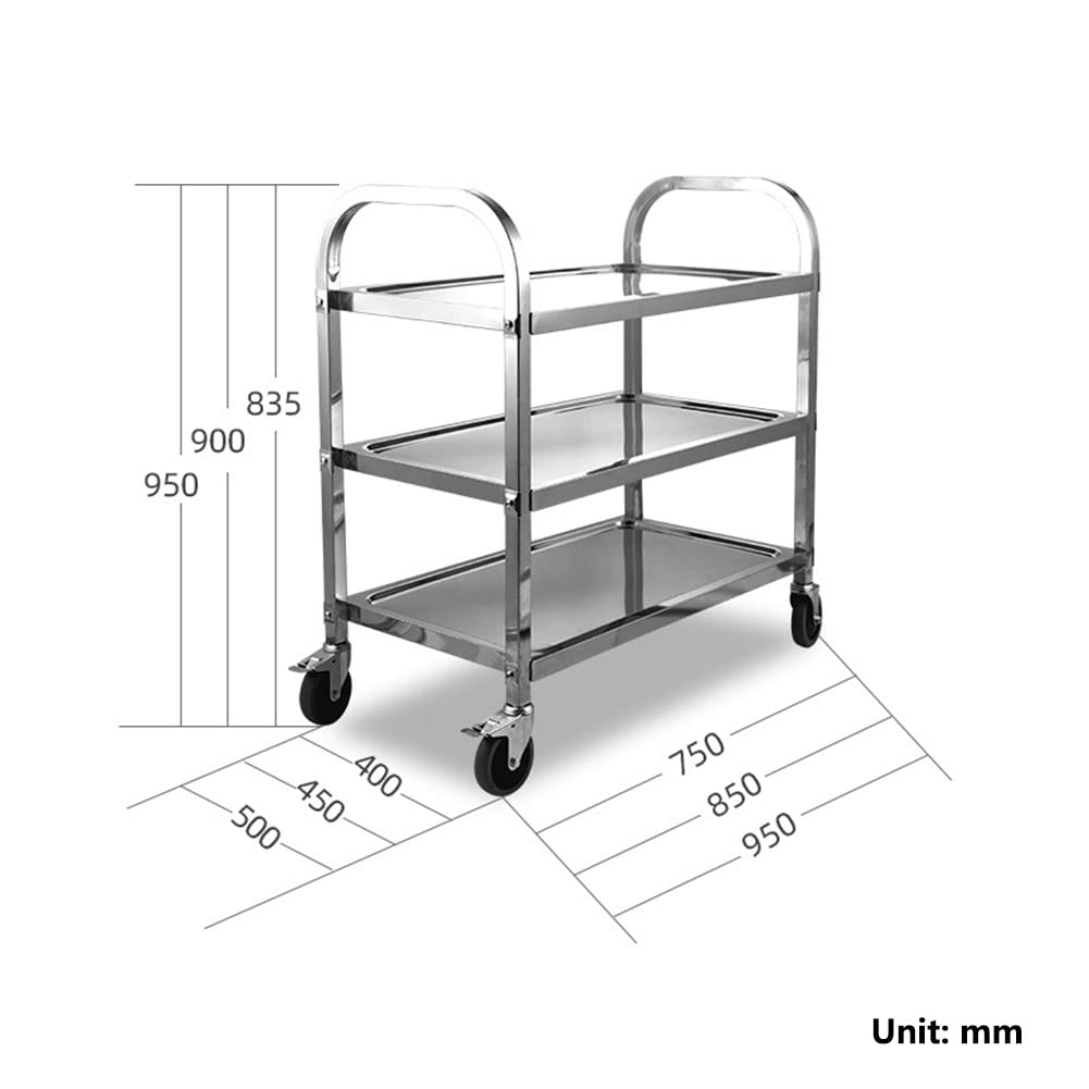 Catering-Wagen aus Edelstahl, Mehrzweck-Küchenwagen mit abnehmbaren Rädern, robuster Reinigungswagen für Gastronomie und Gastronomie (750 x 400 x 835 mm)