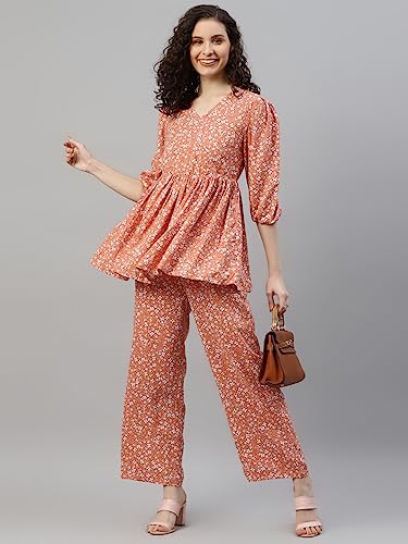 Image of DEEBACO Women's Floral Rayon Flared Tunic & Straight Pants Co-Ord Set for Women V-Neck & 3 /4 Puff Sleeve Ladies Party Casual Wear Fashionable for Girls Relaxed Fit Cord Set (Orange)