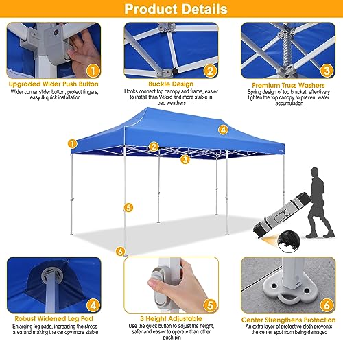 Image of HOTEEL 10x20 Heavy Duty Pop Up Canopy Tent Outdoor Canopy Tent for Parties, Commercial Instant Waterproof Wedding Event Gazebos with Roller Bag, UV 50+Portable Shelter, Thick Hexagonal Legs, Blue