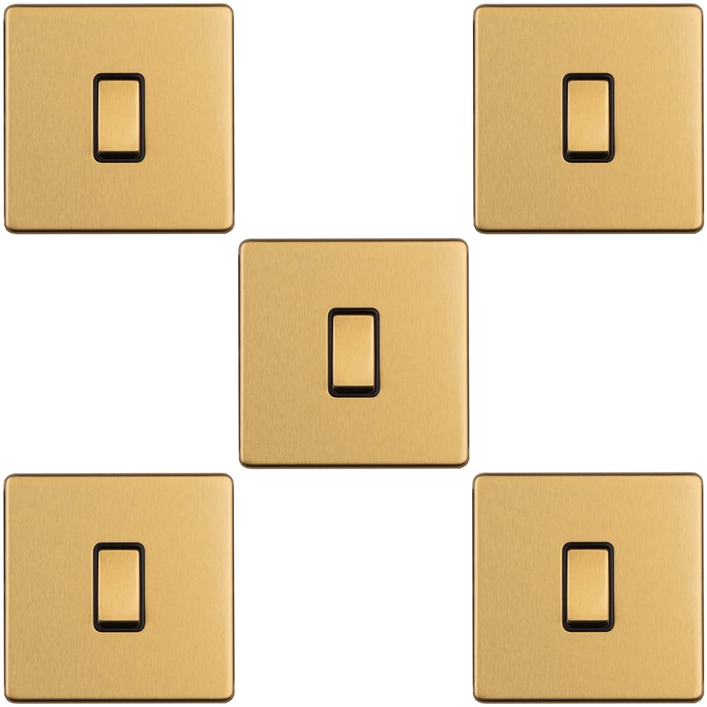 5 Stück 1-Gang-Lichtschalter, schraubenlos, satiniertes Messing, 2-Wege, 10 A, schmaler Wippschalter – dekorative Küche, Wohnzimmer, Schlafzimmer, Platte
