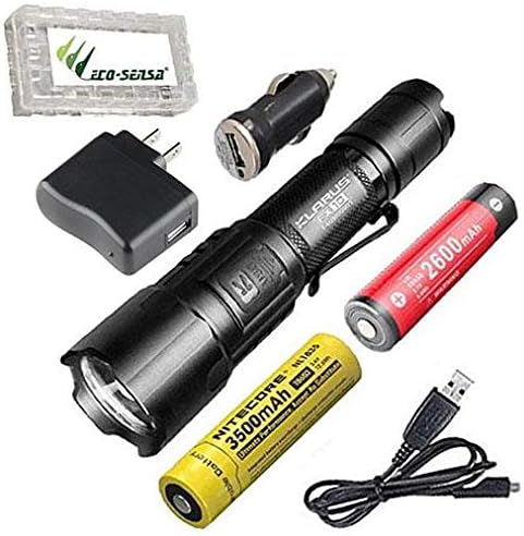 Combo: Klarus FX10 Adjustable Focus Rechargeable Flashlight -CREE XP-L HI V3 LED -1000 Lumens w/Free USB Adapters +2600 & 3500mAh Batteries & Free Eco-Sensa Battery Case