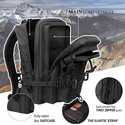 Image of Hannibal Tactical MOLLE Assault Backpack, Tactical Backpack Military Army Camping Rucksack, 3-Day Pack, D-Rings, Black with Gray Patch