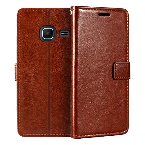 Shantime Leather Case Compatible with Samsung Galaxy J1 Mini 2016, Business Design Magnetic Flip Cover with 3 Card Slots, Photo Frame, and Hidden Wallet(Brown)