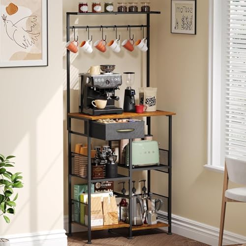 HIKKY Coffee Bar Cabinet with Drawer - 5-Tier Kitchen Storage Rack for Coffee Station, Industrial Buffet Cabinet with Storage for Dining Room Entryway Kitchen