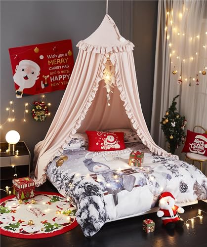 VETHIN Bed Canopy for Girls Kids,Princess Round Dome Children Dreamy Mosquito Net Bedding Girls Room Castle Play Tent Hanging House Decor Reading Nook Canopies (Beige Pink)