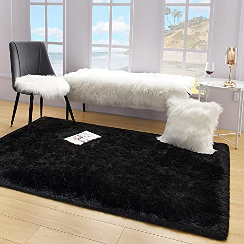 Espiraio Black Shaggy Rugs for Bedroom Living Room, Super Soft Fluffy Fuzzy Area Rug for Kids Baby Nursery, Modern Indoor Plush Carpet for Home Decor, 5x8 Feet Floor Furry Rugs for Children Dorm Rug - Afbeelding 5