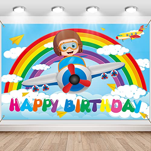 Airplane Birthday Party Backdrop Decorations Boys Glider Plane Happy Birthday Banner Airplane Theme Party Background for Kids Birthday, Time Flies, Up & Away Birthday, Airplane Theme Party Supplies