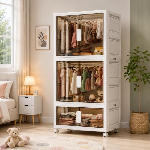 Image of YASONIC Plastic Wardrobe for Kids, Baby Cupboard for Storage, 12 Cubes Almirah, Cupboard for Clothes, Collapsible Wardrobe for Metal Utility Storage Cart with Wheels (WHITE-SJM01060-2)