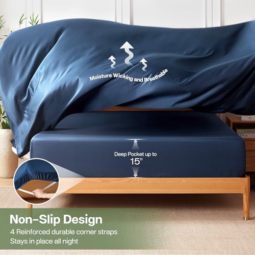 MR&HM Twin Sheets Set, 3-Piece Cooling Sheets, Rayon Derived from Bamboo & Polyester Blend, Soft & Silky, 15" Deep Pockets with Elastic Straps, Hotel Luxury for Hot Sleepers, Navy Blue