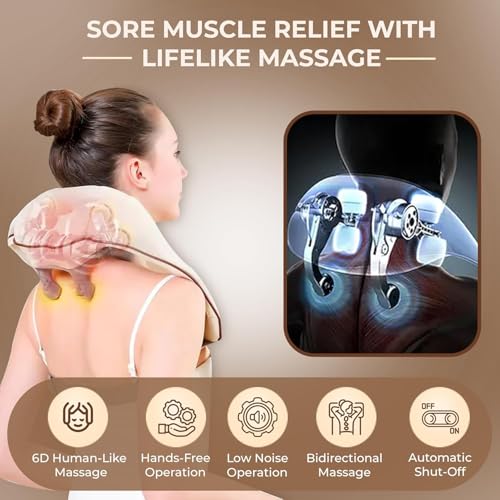 Image of 6D Neck & Back Massager with Heat | Wearable Electric Deep Tissue Massager for Neck, Shoulder, Back, Waist & Legs | 4D Shiatsu Kneading, 6 Massage Heads, 5 Modes & 3 Speeds | Cordless, Rechargeable, Pain Relief & Relaxation Therapy (Beige)