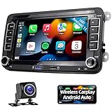 Podofo Android Autoradio für VW Golf 5 6 Polo Seat Skoda Radio mit Wireless Apple Carplay Android Auto 7 Zoll Auto Radio mit Bildschirm Bluetooth/HiFi/WLAN/GPS/RDS Radio + Rückfahrkamera