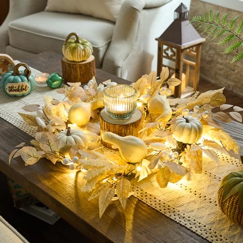 Valery Madelyn 24'' Collapsible Fall Wreaths For Front Door, Thanksgiving Harvest Decor With Lights For Cozy Home, Beige Eucalyptus Pampas Grass Wreath For Autumn Table Centerpiece thumb #2