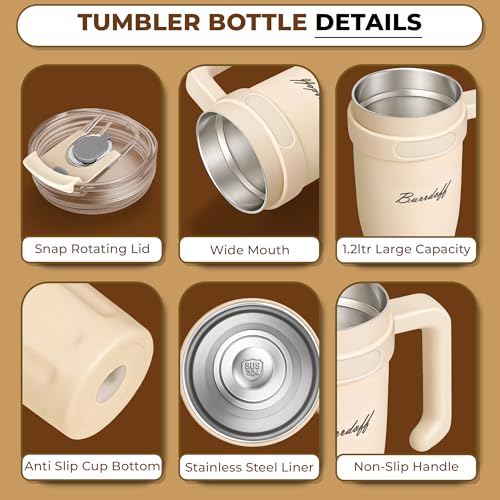 Image of Insulated Tumbler with Straw Lid and Handle (1200 ML) Double Wall Sipper Water Bottle for Adults, Tumbler Bottle with Straw (Luxe Creme, 1200 ML, with Panda Straw Coverr)