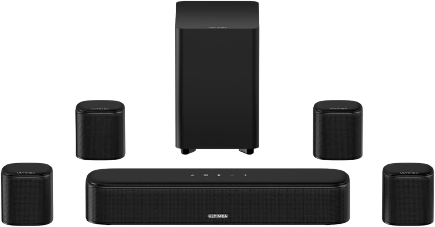 ULTIMEA 7.1ch Virtual Surround Sound Bar, Sound Bar for Smart TV with 4 Surround Speakers, Peak Power 330W, Surround Sound System for TV, App Control, TV Soundbar with Subwoofer, Opt/AUX/BT, Aura A40