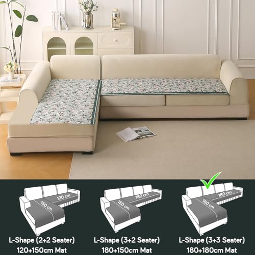 Image of HOKIPO 'Florentina Series' L Shape (3+3 Seater) Sofa Cover Seat Mat | Premium Multi-Needle Quilted Holland Velvet Sofa Mat + Foam Filling + Anti-Slip Backing, Magnolia Green (IN-882-V1*2)