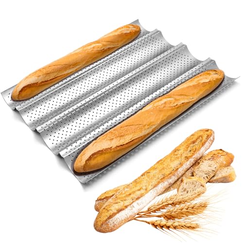 KIAADSY Französische Baguette-Brotpfanne, antihaftbeschichtet, perforiert, 4 Schlitze, Baguette-Form für private und professionelle Bäcker, 38,1 x 32,5 cm (Silber)