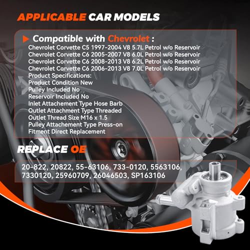 TorqNGo 20-822 Power Steering Pump Assembly Compatible with Chevrolet Corvette C5/C6 1997-2013, 5.7L 6.0L 6.2L 7.0L Power Assist Pump Replace # 5563106, 25960709 by TorqNGo - Image 2