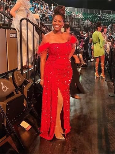 Sequin Off Shoulder Prom Dresses Sparkly Mermaid Formal Dress Feather Long Evening Party Dress with Slit3