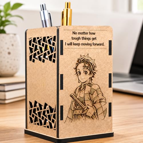 Image of Tanjiro Kamado Wooden Pen Stand | Anime Pencil Holder for Study Table | Demon Slayer Desk Accessories
