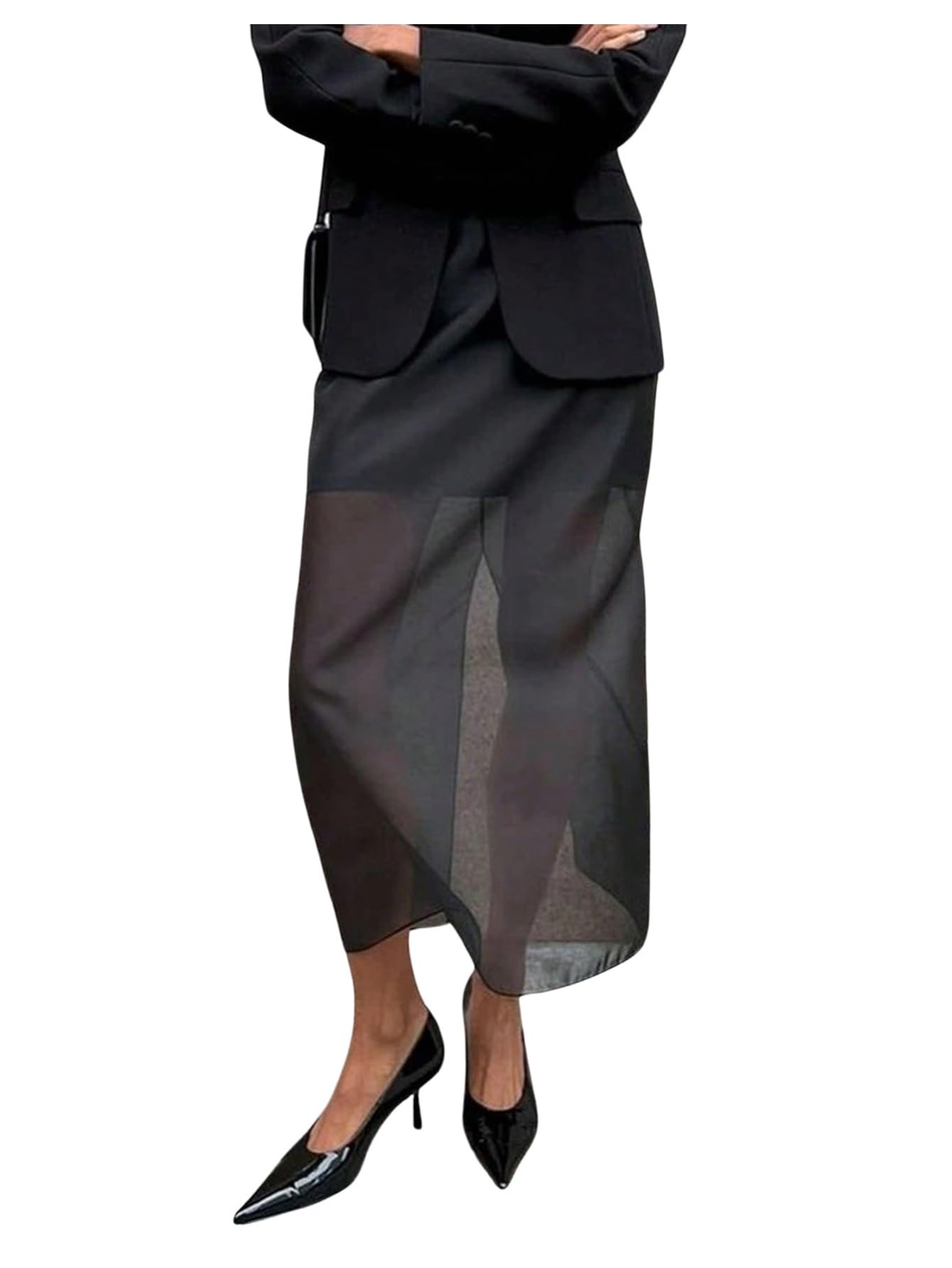GORGLITTER Womens Mesh Maxi Skirt Back Slit High Waist Elegant Long Skirts Business Casual Outfits