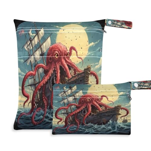 ATTX Sea Octopus Wave Wet Dry Bags 2-Pack - Reusable Cloth Diaper Storage for Travel, Beach & Gym | Multi-Use Waterproof Bags for Swimsuits, Baby Clothes, Sports Gear#25