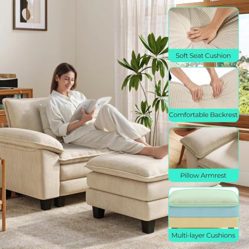 Image of LINSY HOME Cloud Sofa Accent Chair with Ottoman Chaise Lounge Chair Indoor, Corduroy Couch Sofa Chair Perfect for Living Room, Apartment, Office, Beige