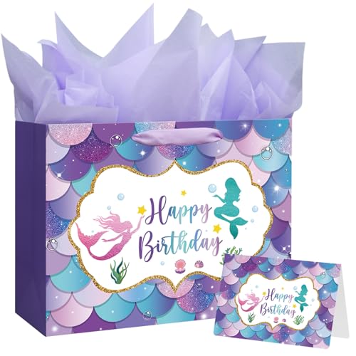 Laidans 13 Large Mermaid Happy Birthday Gift Bag with Handle Tissue Paper and Card for Kids Girls (13in Purple)
