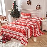 LAMEJOR Christmas Bed Sheet Set Twin Size 16-inch Deep Pockets - Snowflake/Reindeer/Merry Christmas Printed Holiday Decor Soft Easy Care