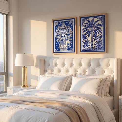 Image of Suneree Blue White Elephant Tree of Life Wall Art Painting | Set of 2 Framed Paintings | Indian Folk Art Decor for Living Room Bedroom Home Office | (ART 10, 10x13 INCHES)