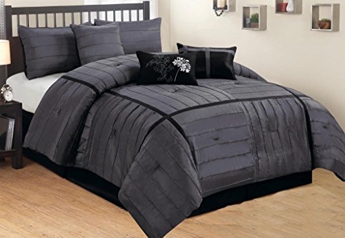 Legacy Decor 7-pc Grey/Chorcoal & Black Faux Silk Stitched Comforter Set, Queen Size