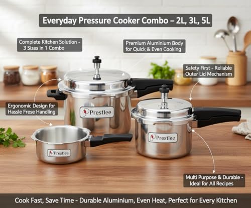 Image of Prestlee Aluminium 2, 3, 5 Litres Pressure Cooker | Outer Lid | Faster & Healthy Cooking | Gas Stove Compatible | ISI Certified | 5 Years Manufacturer's Warranty | Silver