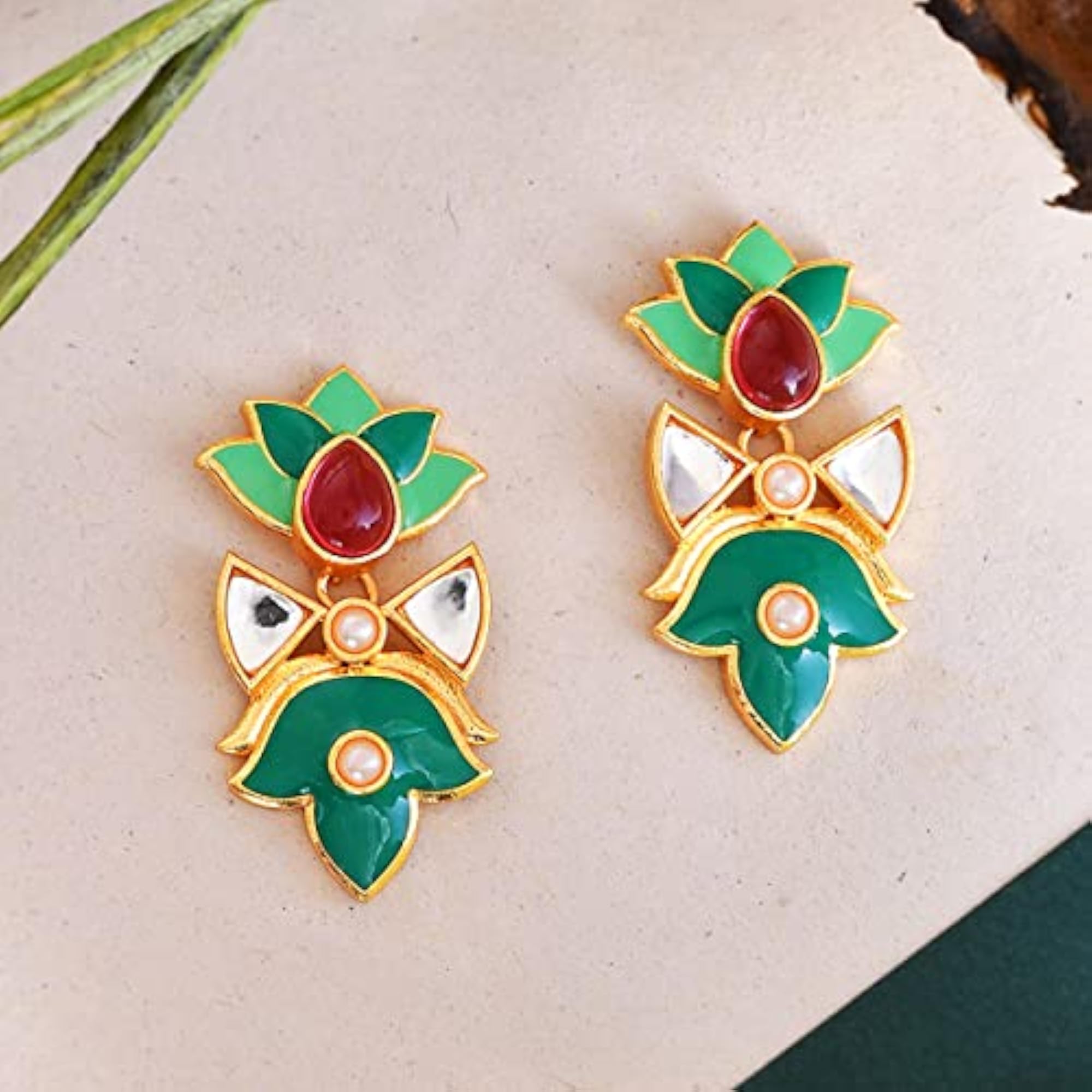Enamelled Pink Stone Earrings