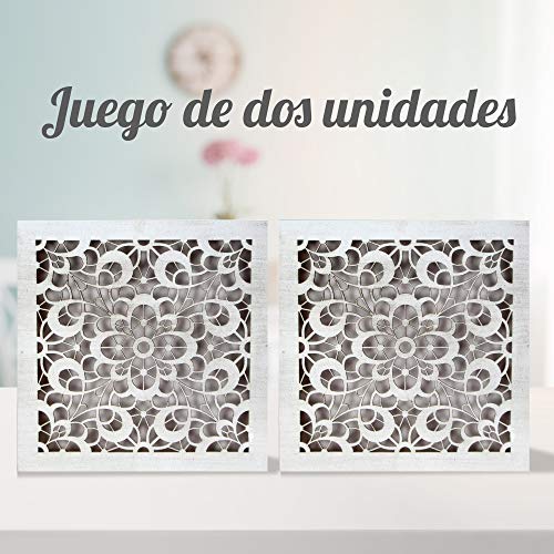Conjunto de 2 Cuadro Mandala de pared calada, fabricada artesanalmente en España- mandala 3D cuadrada pintada a mano (120 BLANCO DOS UNID., 50x50 cm)