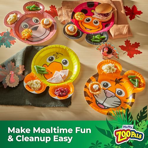 hefty zoo pals party edition paper plates for kids assorted animal designs 775 inches with two dipping compartments multi-color 20 count