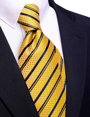 Image of Barry.Wang Gold Blue Silk Men Ties Formal Stripes Necktie and Tie Clip for Wedding Party Business Fashion Classic