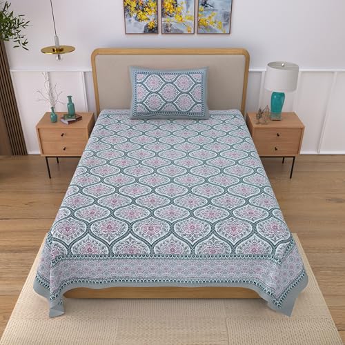 Image of 100% Cotton Single Bedsheet with 1 Pillow Cover | 240 TC Pure Cotton Flat Bed Sheet | Traditional Jaipuri Printed Bedding Set | Soft & Breathable | 60 x 90 Inch (Rangmahal Single 16)
