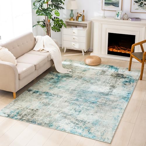 Carvapet 8 x 10 Rugs for Living Room Bedroom, Teal Modern Abstract Low Pile Large Carpet with Rubber Backing, Foldable, Non Slip Machine Washable (10 x 8 Feet Rectangular, Teal Area Rug)