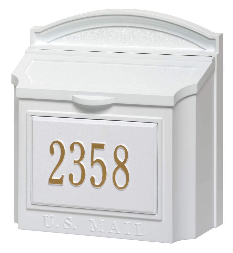 Whitehall Custom Locking Wall-Mounted Mailbox – Large Aluminum Outdoor Mailbox with Personalized Gold House Numbers – Weather-Resistant Heavy Duty Mailbox – White
