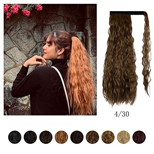 FESHFEN 20 Inch Long Curly Wrap Around Ponytail Hairpiece Dark Brown mix Auburn Evenly Corn Wave Magic Paste Synthetic Ponytail Hair Extension for Women Girls (4/30)
