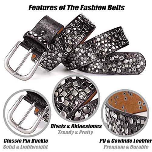 Women's Shiny Leather Waist Belt, Fashion Belt with Studded Rivets and Rhinestones4