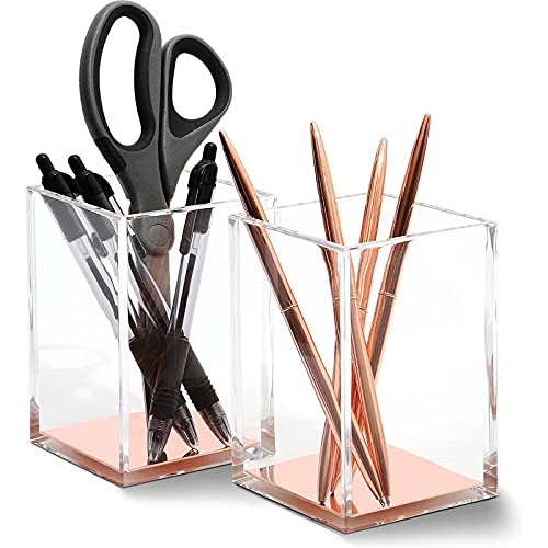 Juvale Rose Gold Acrylic Pencil Holder - Clear Acrylic Desk Organizer - Vanity Makeup Brush Holder - Pen Organizer for Office Supplies - Pack of 2, 3.15 x 3.15 x 4.5 in