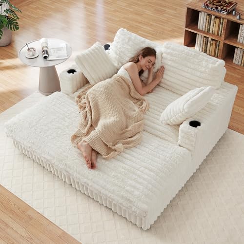 Image of 58'' Plush Faux Rabbit Fur Chaise Loveseat with Charging Station & Cup Holder and Pillows, Upholstered Corduroy Chaise Loveseat Sofa Recliner Longue Indoor Couch for Living Room, Bedroom, White