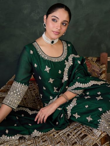 Image of INDO ERA Women's Straight Silk Blend Ethnic Motifs Embroidered Kurta & Pant with Dupatta Set (IESTR10550)
