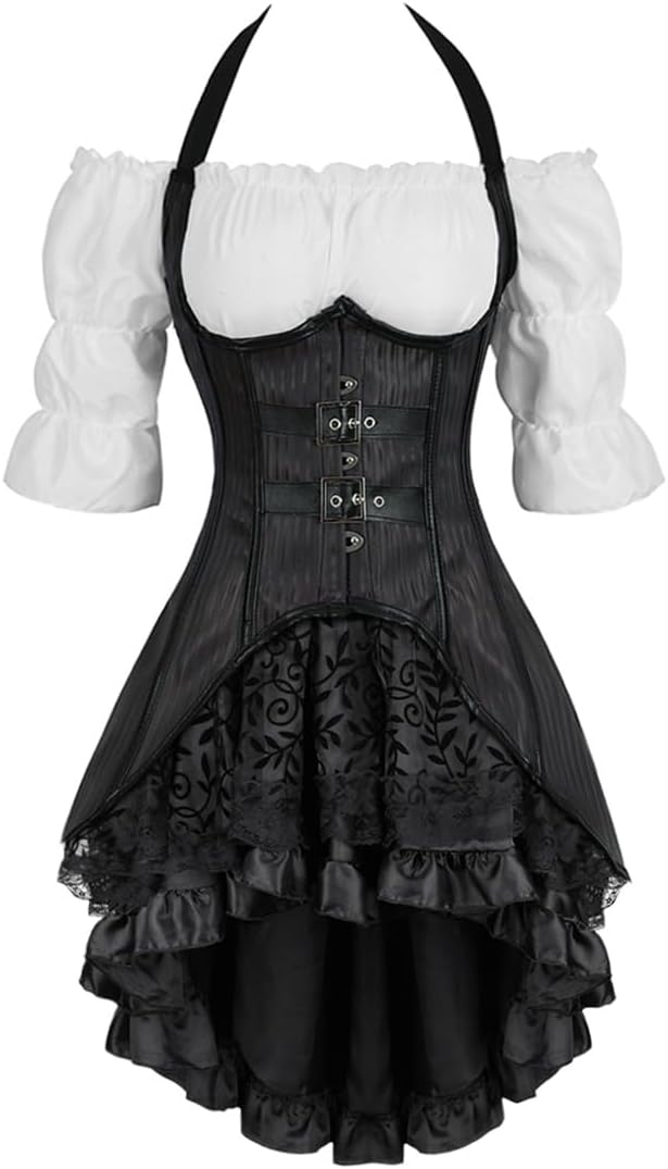 Grebrafan Women Steampunk Corset Top With Pirate Skirt and Gothic Blouse