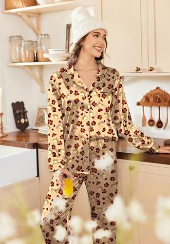 Image of Ekouaer Women's Classic Button Down Long Satin Silk Pajama Set,Medium,Teddy Head Leopard