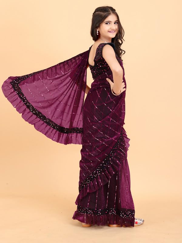 Image of Kids Supernet Tikli Work Ready to Wear Saree with Unstitched Blouse Piece | Traditional Ethnic Saree for Girls | Pre Stitched Festive Dress for School Function, Cultural Events & Wedding